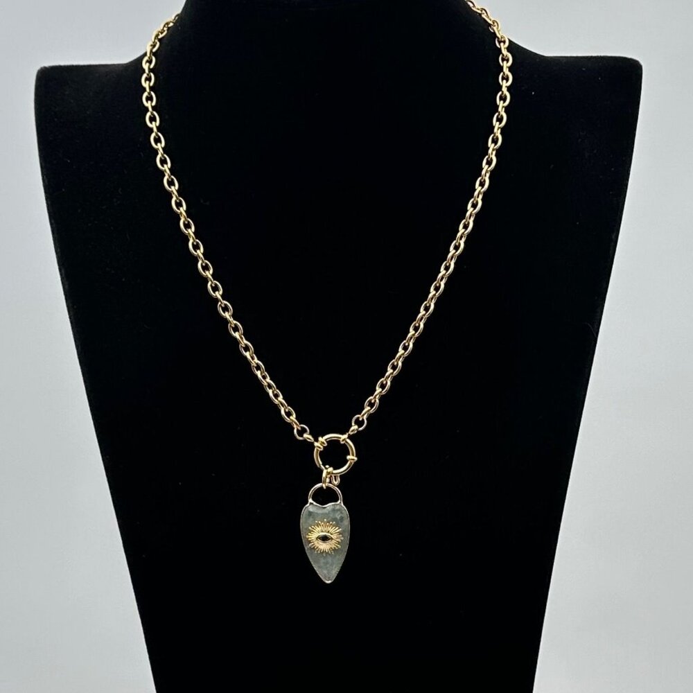 Aventurine Gemstone Heart Evil Eye Pendant Necklace 18K Gold Plated Chain 19" - Picture 8 of 9